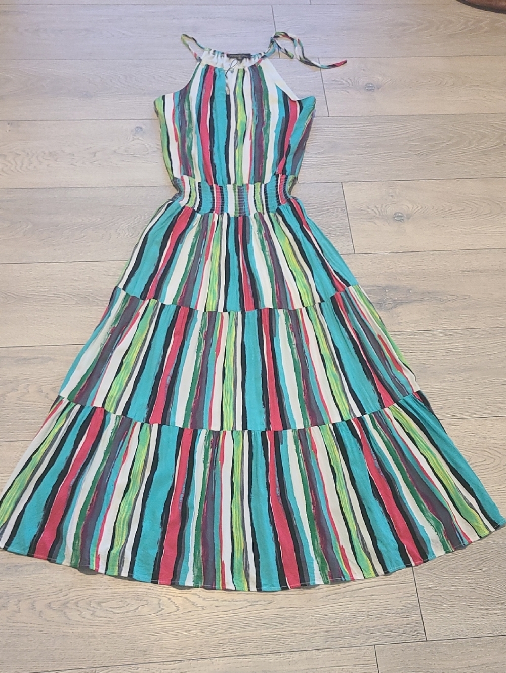 Multicolor Striped Halter Maxi Dress with Smocked Waist Size M